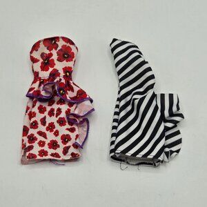 Barbie Doll Dresses Set: Red Poppy Print & Black White Striped Strapless Outfits